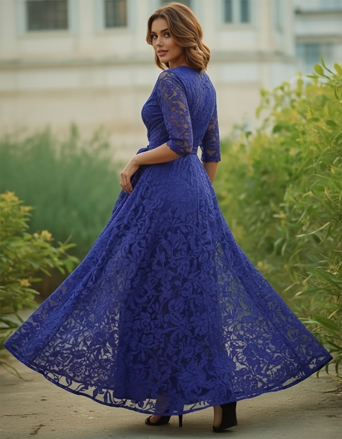 Royal Blue All-Lace V-Neck Tie-Waist Maxi Dress