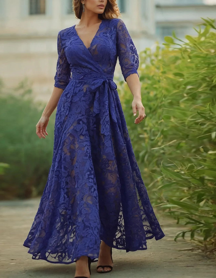 Royal Blue All-Lace V-Neck Tie-Waist Maxi Dress