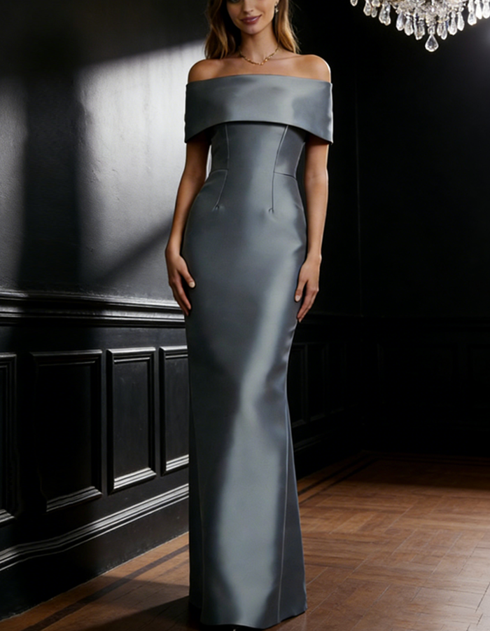 Vestido maxi largo de satén con hombros descubiertos