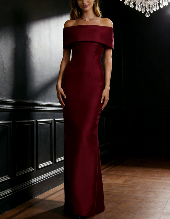 Vestido maxi largo de satén con hombros descubiertos