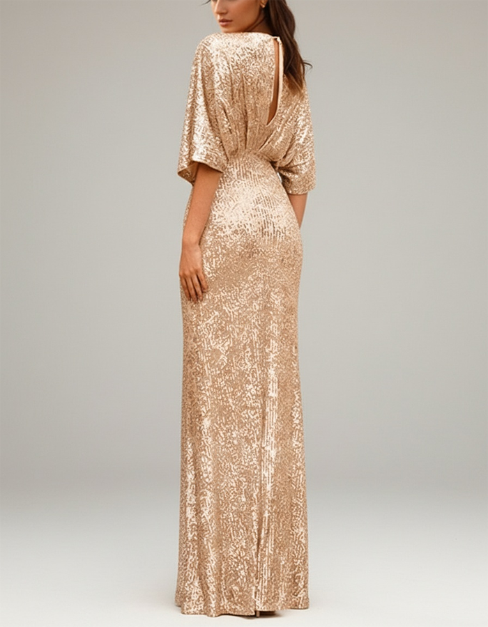 Vestido largo maxi con cuello en V y lentejuelas