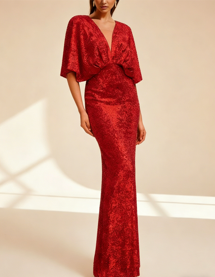 Sequin V-Neck Floor-Length Maxi Dress