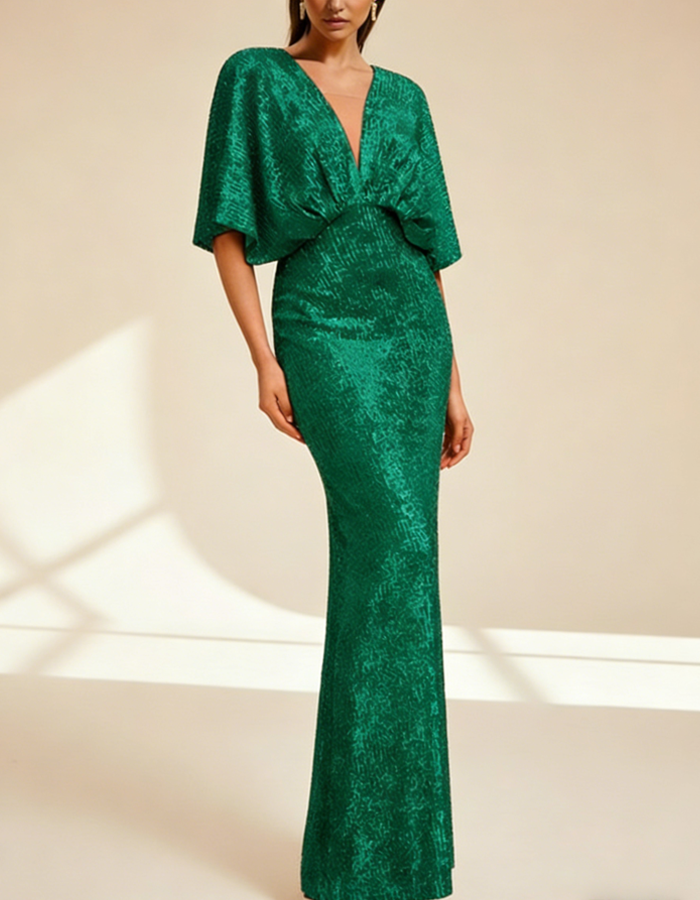 Sequin V-Neck Floor-Length Maxi Dress