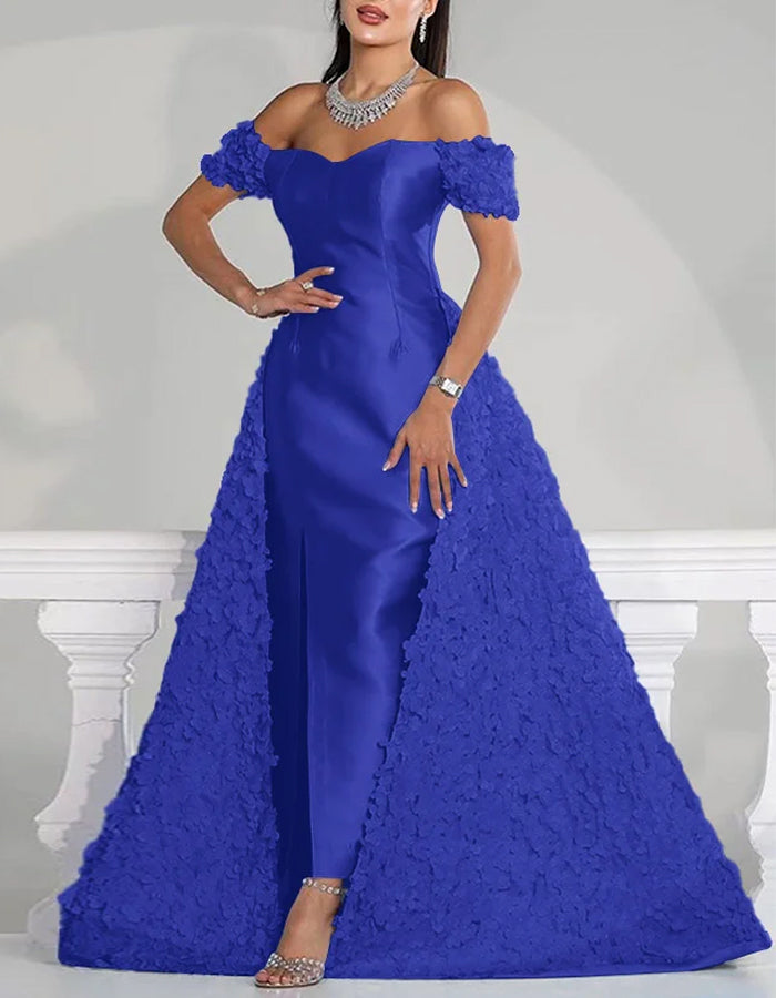 Solid Color Satin Three Dimensional Floral Train Maxi Dress