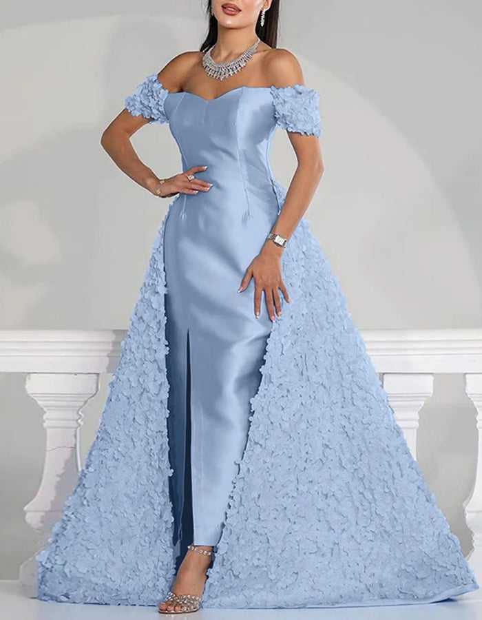 Solid Color Satin Three Dimensional Floral Train Maxi Dress
