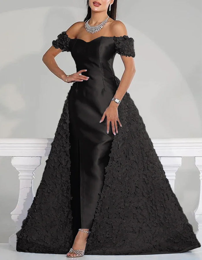 Solid Color Satin Three Dimensional Floral Train Maxi Dress