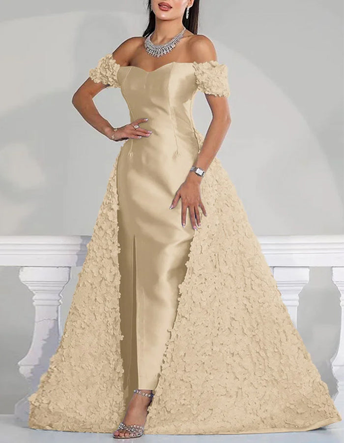 Solid Color Satin Three Dimensional Floral Train Maxi Dress