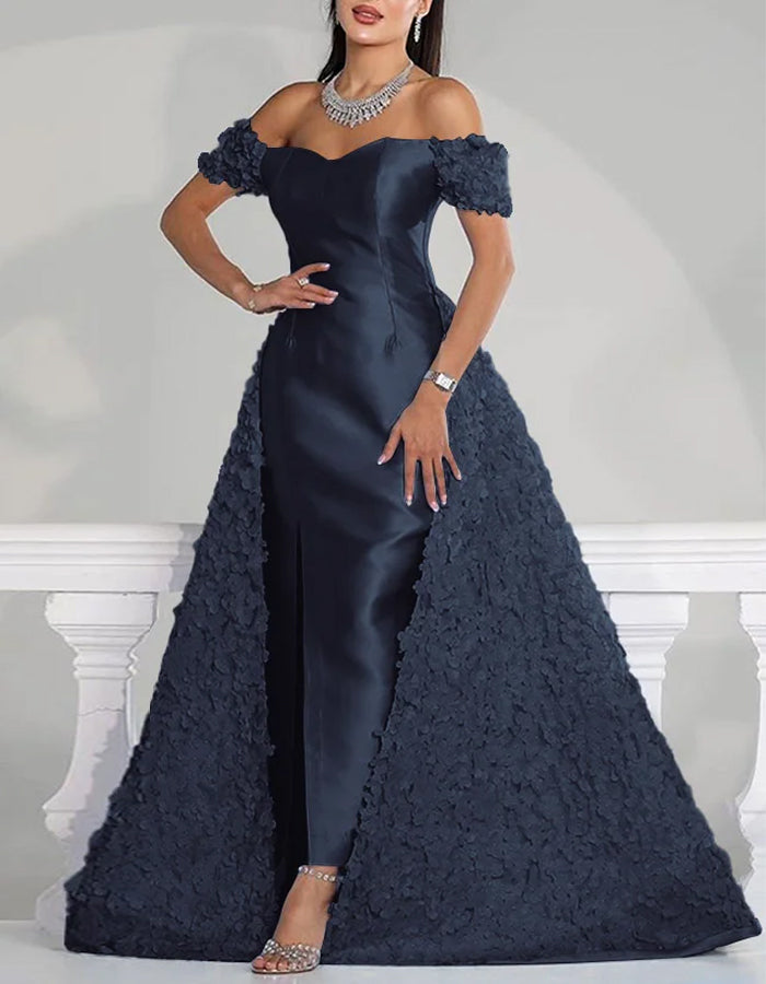 Solid Color Satin Three Dimensional Floral Train Maxi Dress