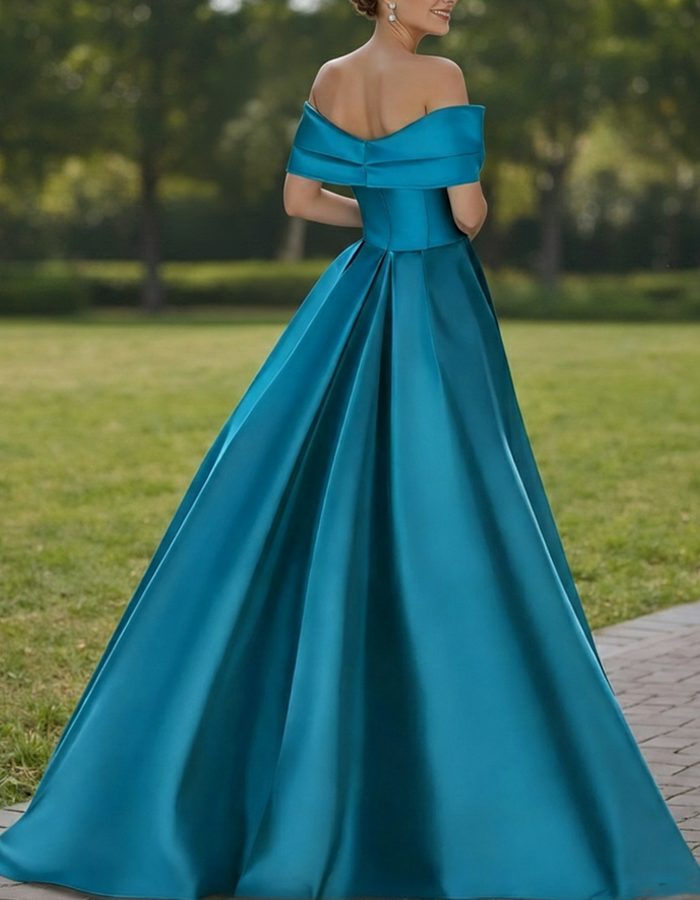 Multi-colored Satin Off-the-shoulder A-line Maxi Dress