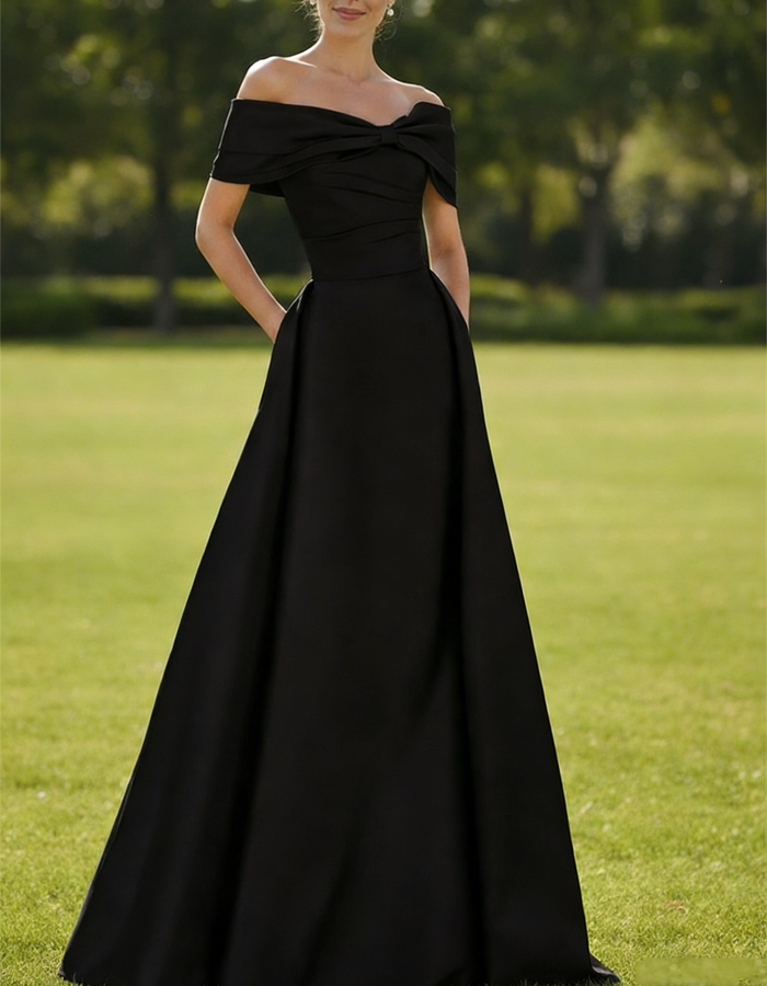 Multi-colored Satin Off-the-shoulder A-line Maxi Dress