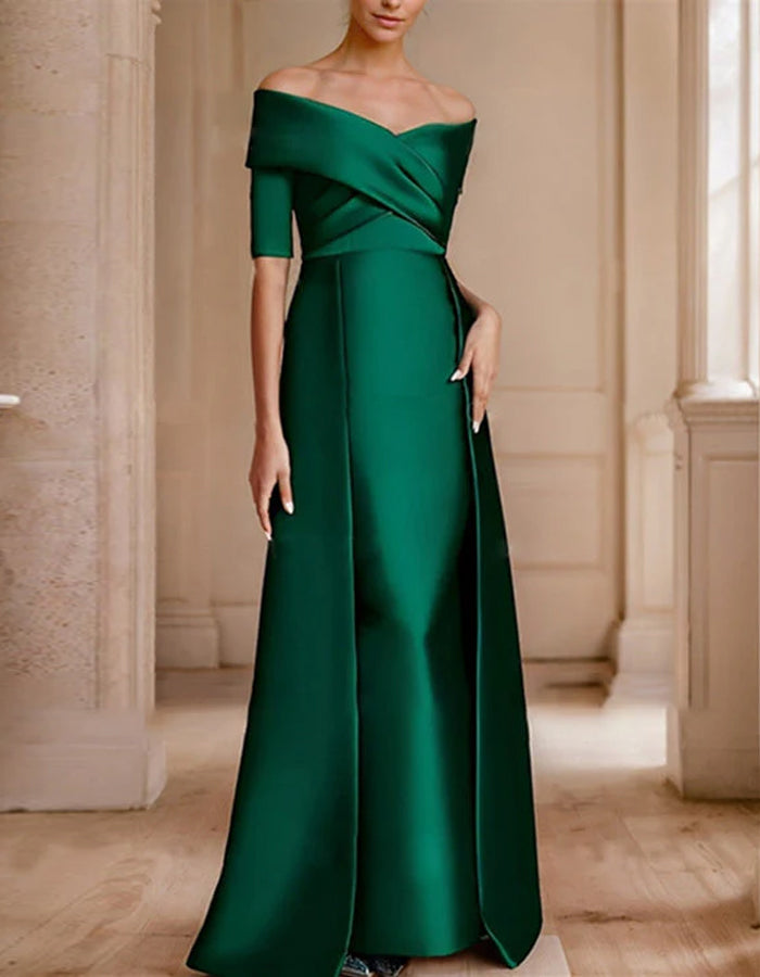 Green Satin Off Shoulder Knotted Maxi Dress