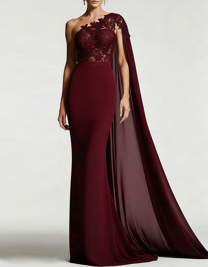 Solid Color Lace One Shoulder Cape Fishtail Maxi Dress