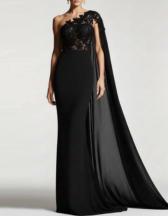 Solid Color Lace One Shoulder Cape Fishtail Maxi Dress