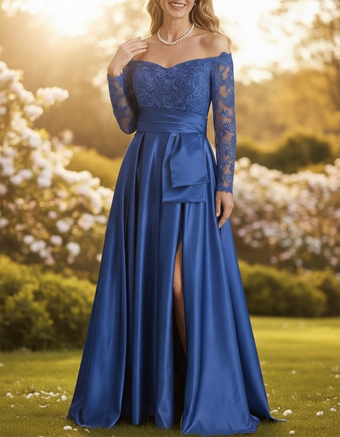 Vestido largo maxi de satén con encaje multicolor y hombros descubiertos de manga larga