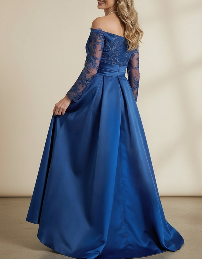 Multicolored Lace Satin Off-the-Shoulder Long-Sleeve Maxi Dress