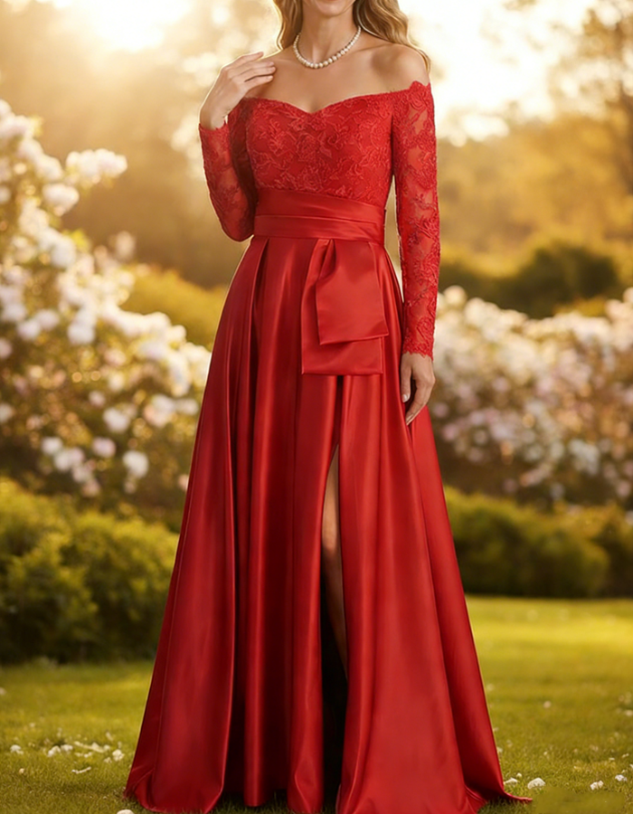 Vestido largo maxi de satén con encaje multicolor y hombros descubiertos de manga larga