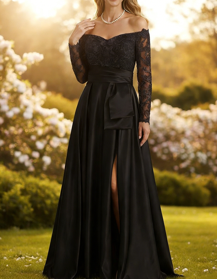 Multicolored Lace Satin Off-the-Shoulder Long-Sleeve Maxi Dress