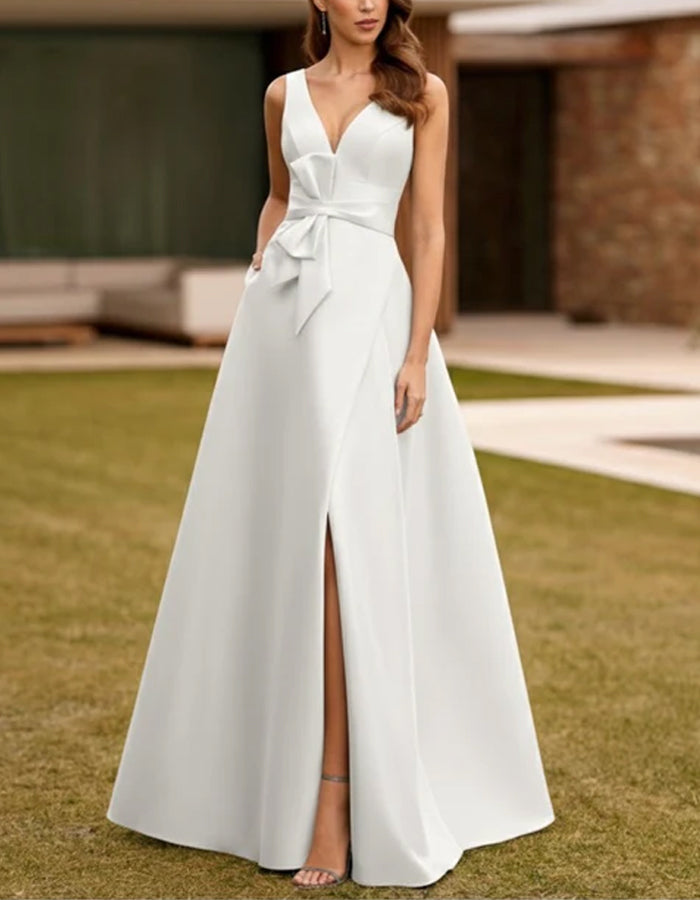Solid Color Satin Deep V Bow High Slit Maxi Dress