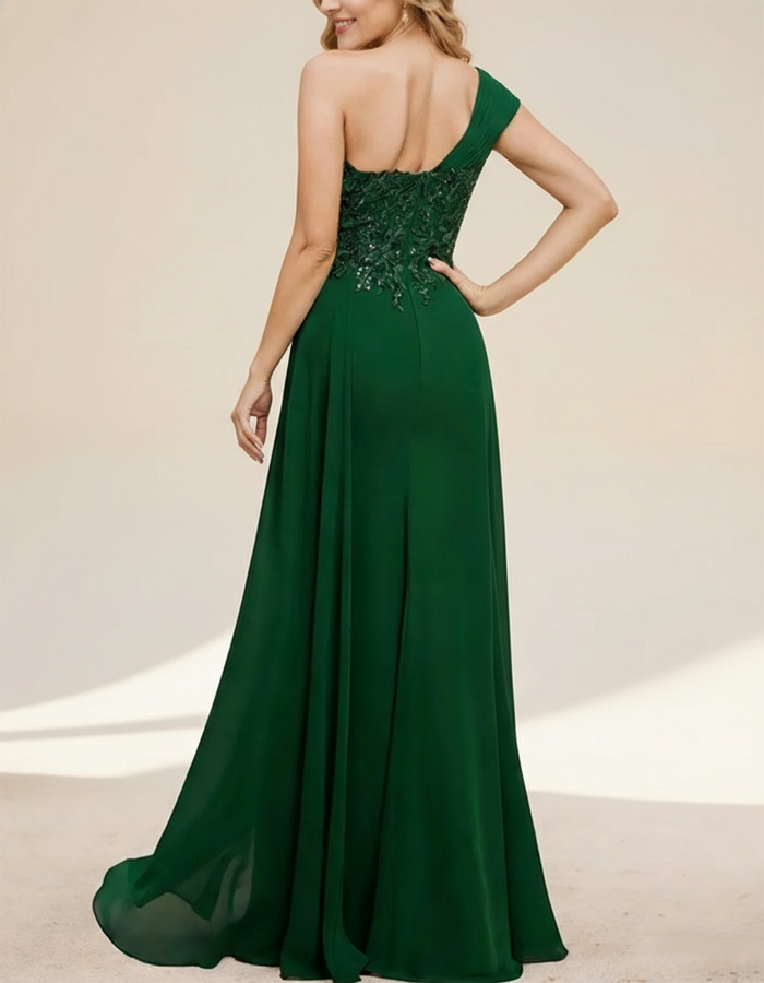 Multicolored Chiffon One-Shoulder Embellished High-Slit Maxi Dress