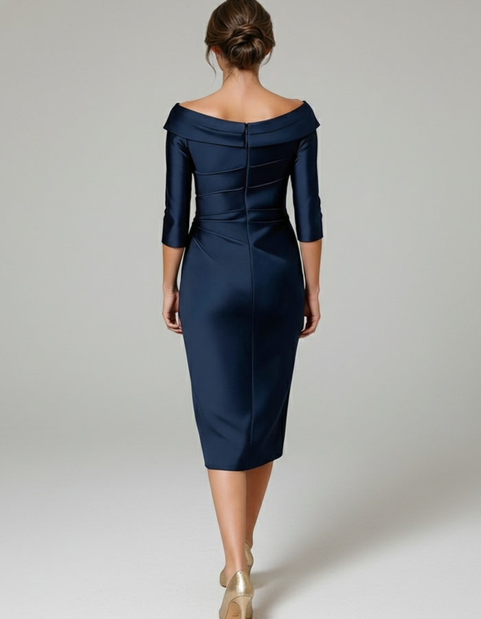 Multicolor Satin Off-the-Shoulder Ruffled Fitted Midi Dress