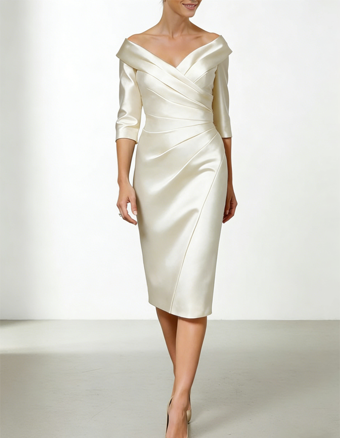 Multicolor Satin Off-the-Shoulder Ruffled Fitted Midi Dress