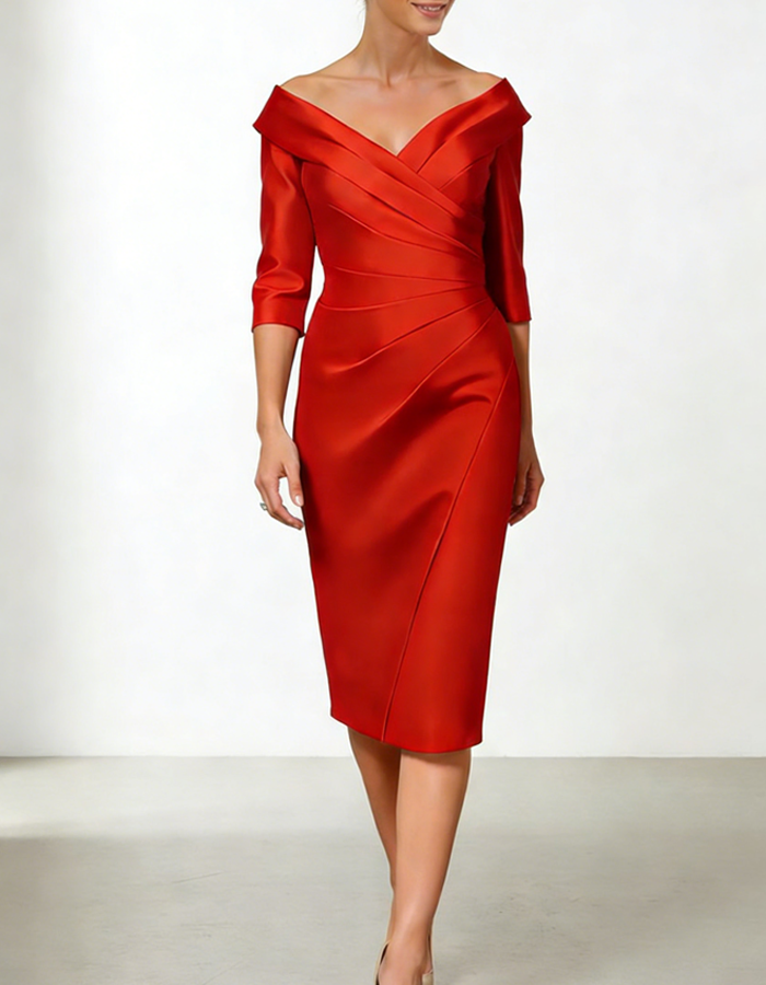 Multicolor Satin Off-the-Shoulder Ruffled Fitted Midi Dress