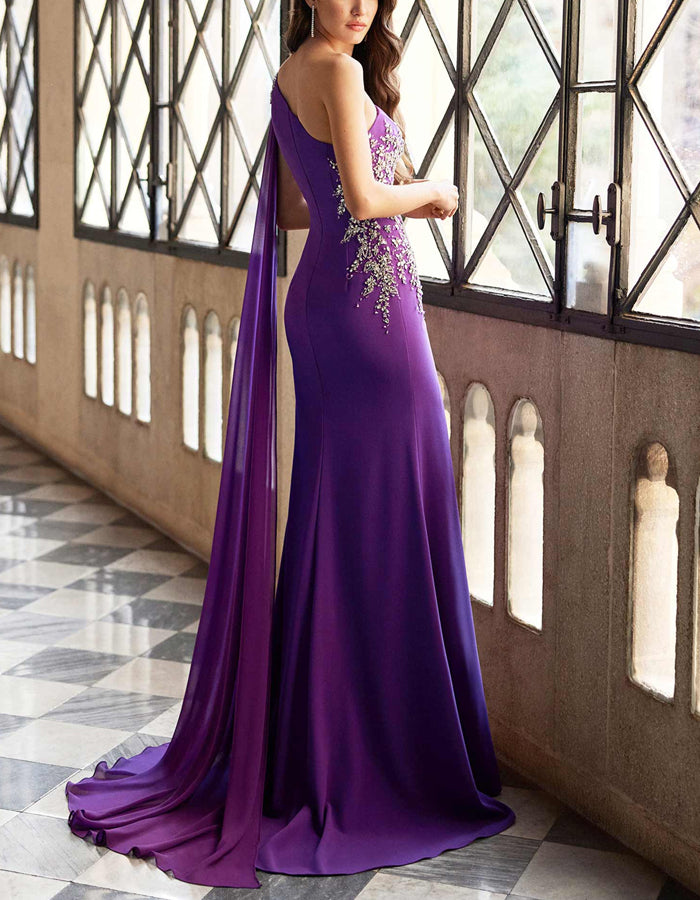 Purple Satin Single Shoulder Beaded High Slit Maxi Dress