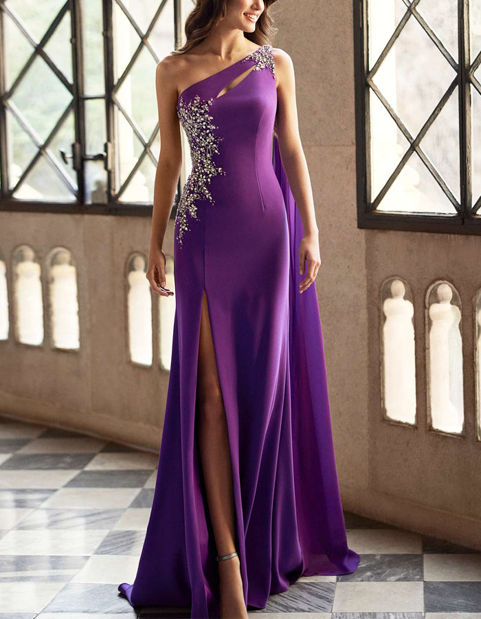Purple Satin Single Shoulder Beaded High Slit Maxi Dress