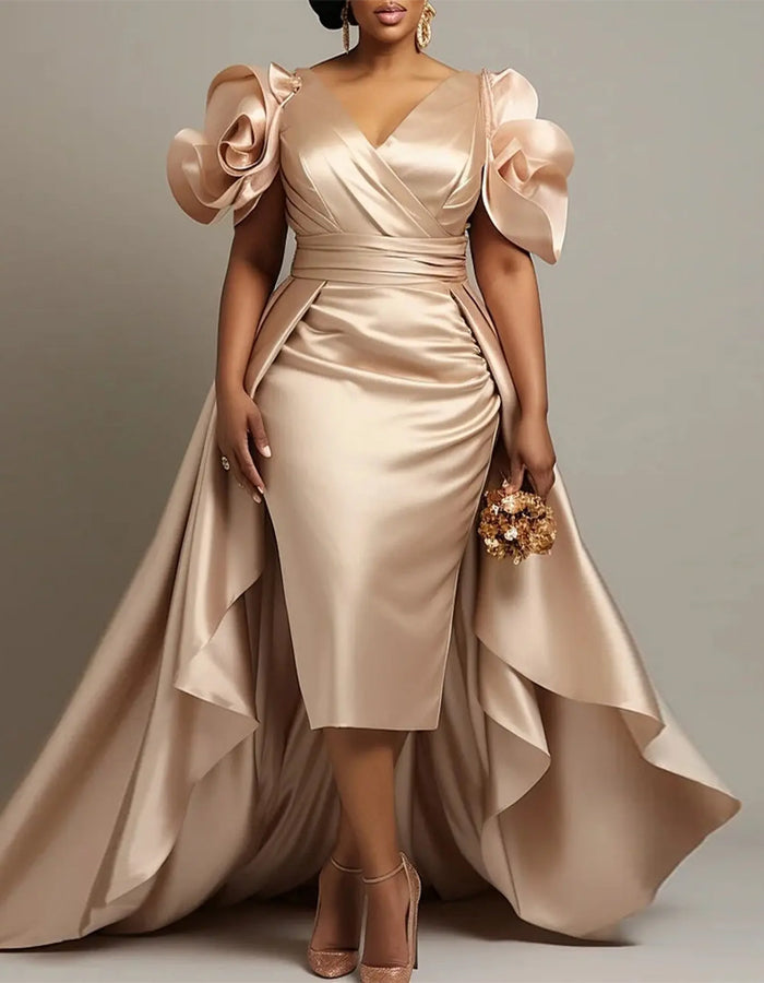 Champagne Gold Satin 3D Floral Sleeves With Train Maxi Dress