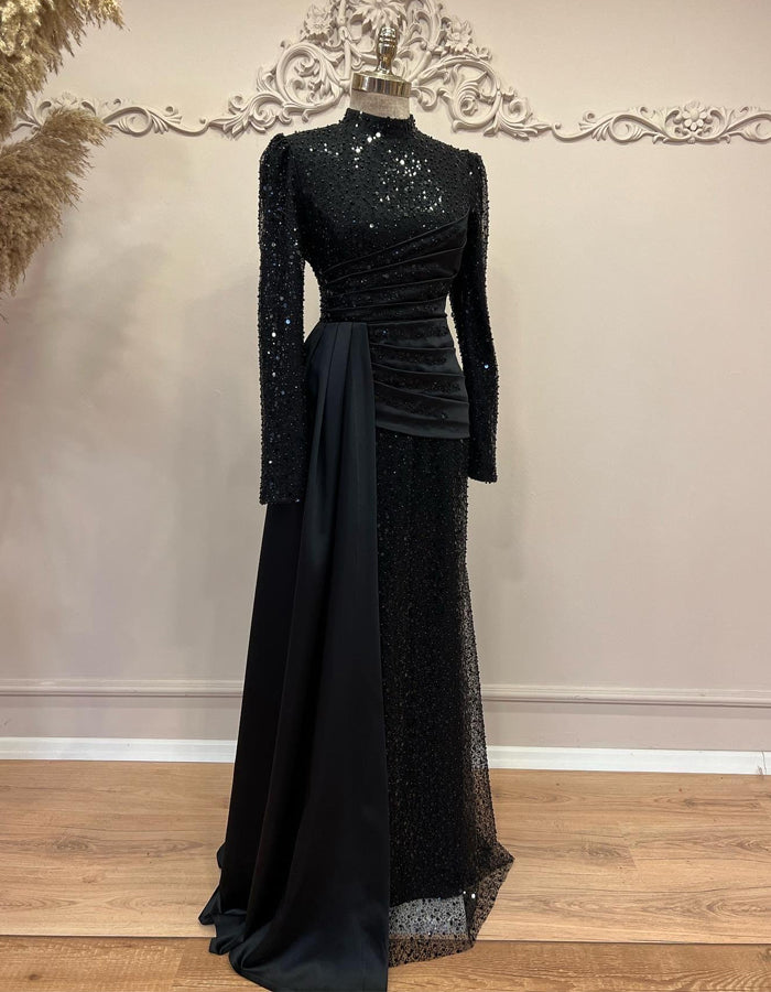 Solid Color Beaded High Neck Long Sleeve Train Maxi Dress