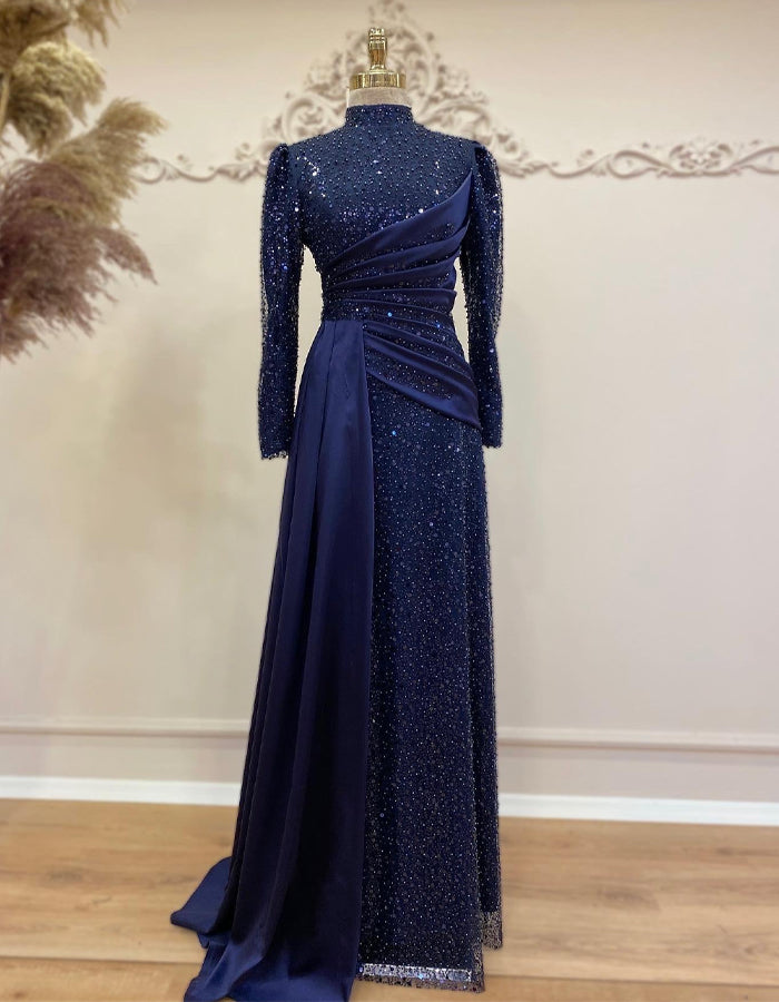 Solid Color Beaded High Neck Long Sleeve Train Maxi Dress