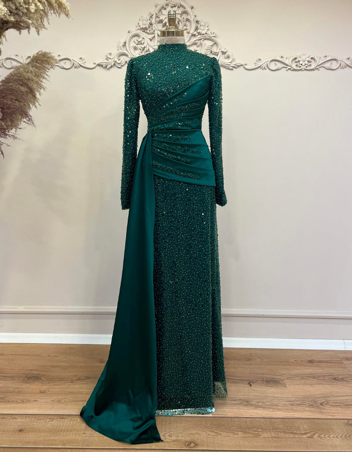 Solid Color Beaded High Neck Long Sleeve Train Maxi Dress
