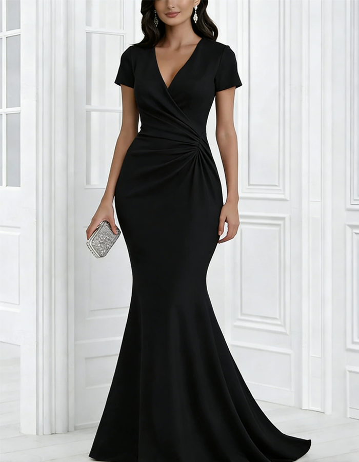 Short-Sleeve Wrap-Up Mermaid Maxi Dress