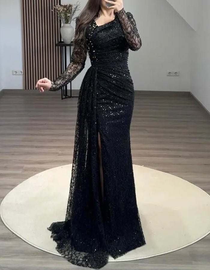 Solid Color Sequined Long Sleeved Fishtail Maxi Dress