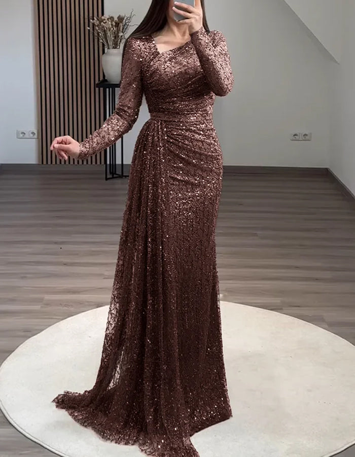 Solid Color Sequined Long Sleeved Fishtail Maxi Dress