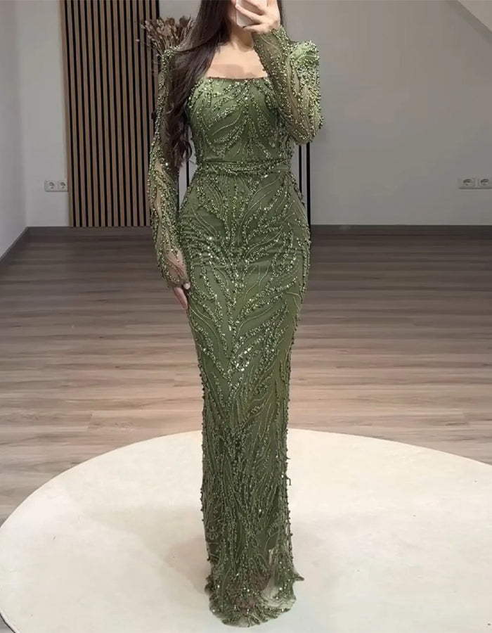 Green Beaded Long Sleeved Fishtail Maxi Dress