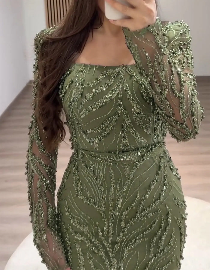 Green Beaded Long Sleeved Fishtail Maxi Dress