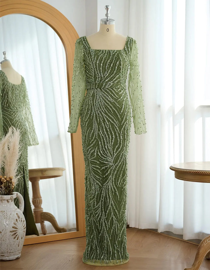 Green Beaded Long Sleeved Fishtail Maxi Dress