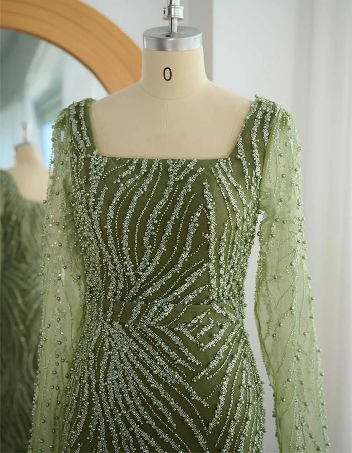 Green Beaded Long Sleeved Fishtail Maxi Dress