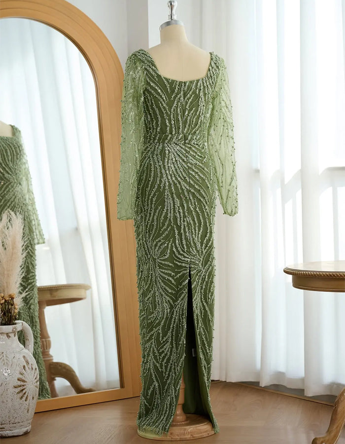 Green Beaded Long Sleeved Fishtail Maxi Dress
