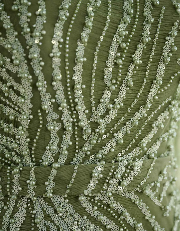 Green Beaded Long Sleeved Fishtail Maxi Dress
