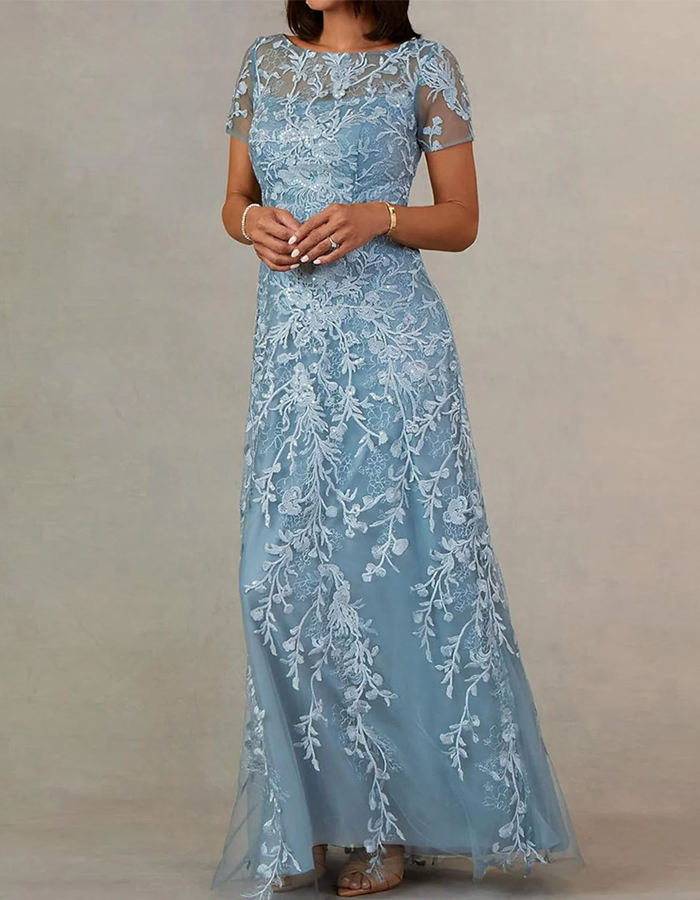 Dusty Blue Embroidered Lace A-Line Maxi Dress