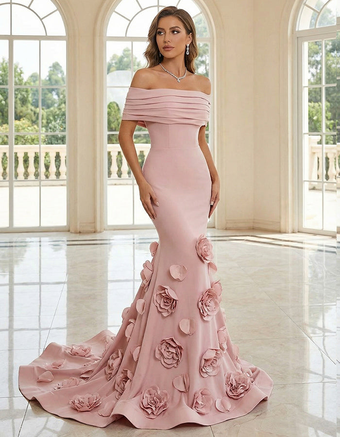 Pink Satin Off Shoulder 3D Floral Train Maxi Dress