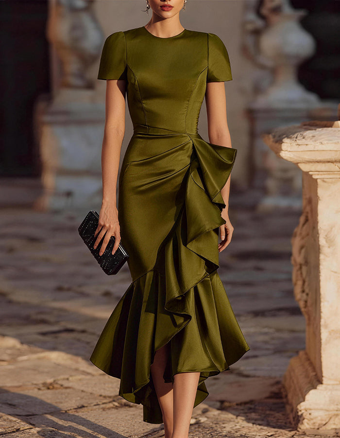 Solid Color Satin Ruffled Fishtail Midi Dress