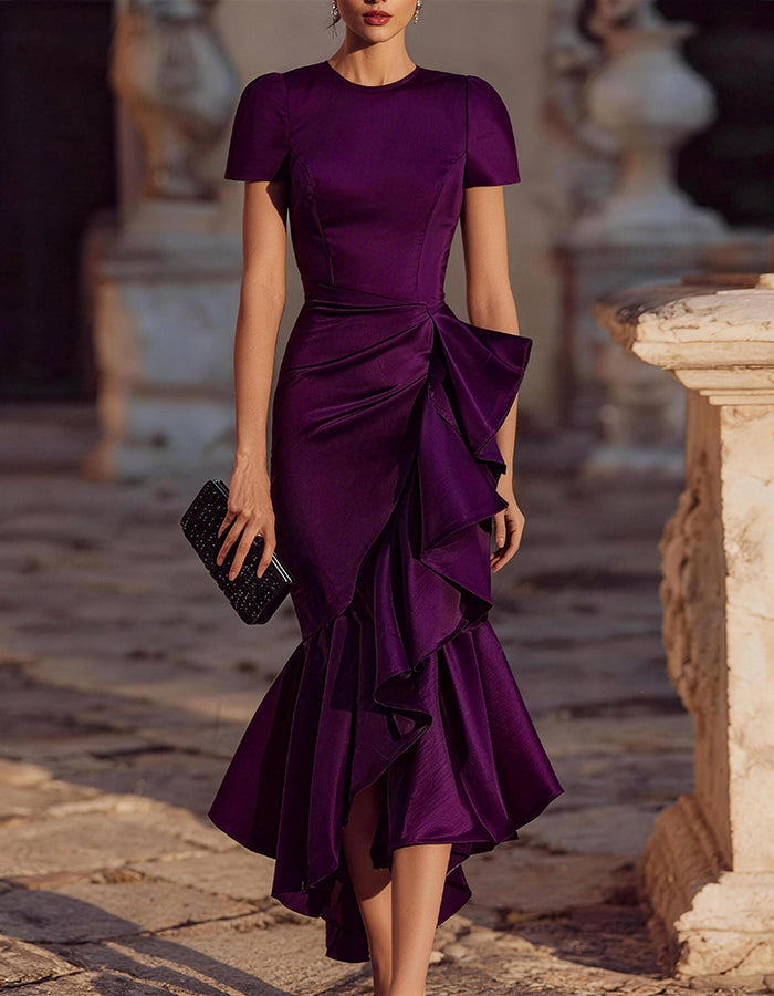 Solid Color Satin Ruffled Fishtail Midi Dress