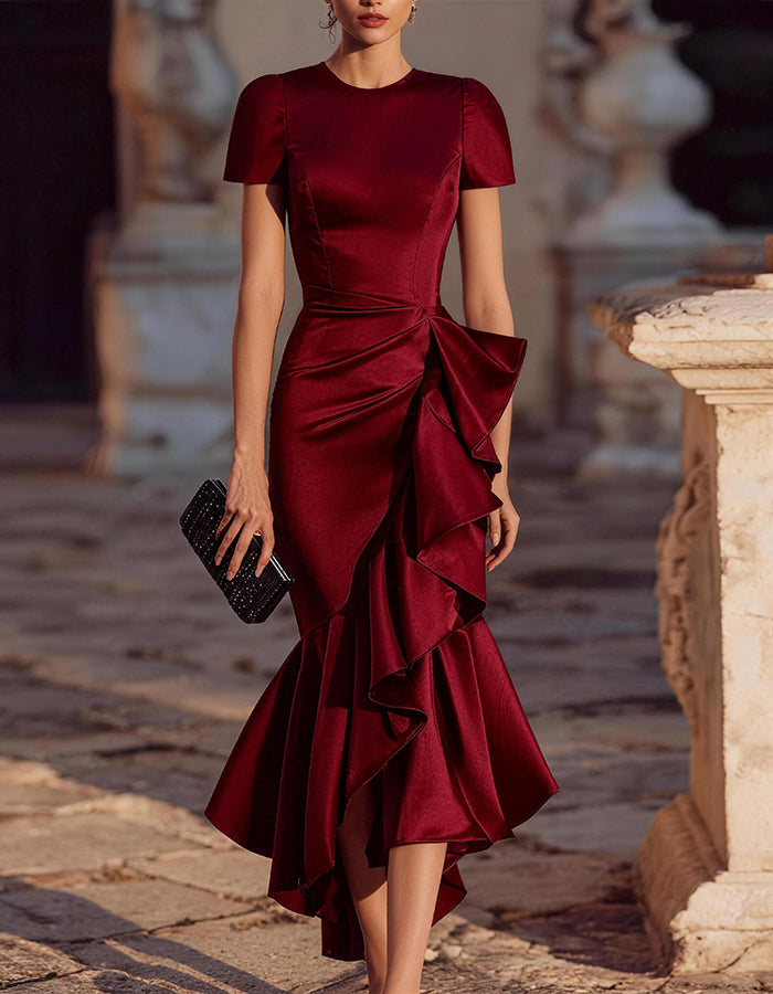 Solid Color Satin Ruffled Fishtail Midi Dress