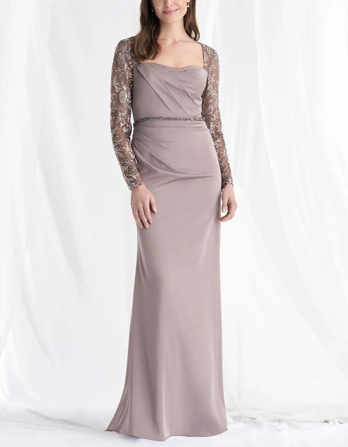 Light Coffee Satin Lace Long Sleeved Fishtail Maxi Dress