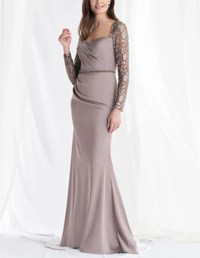Light Coffee Satin Lace Long Sleeved Fishtail Maxi Dress