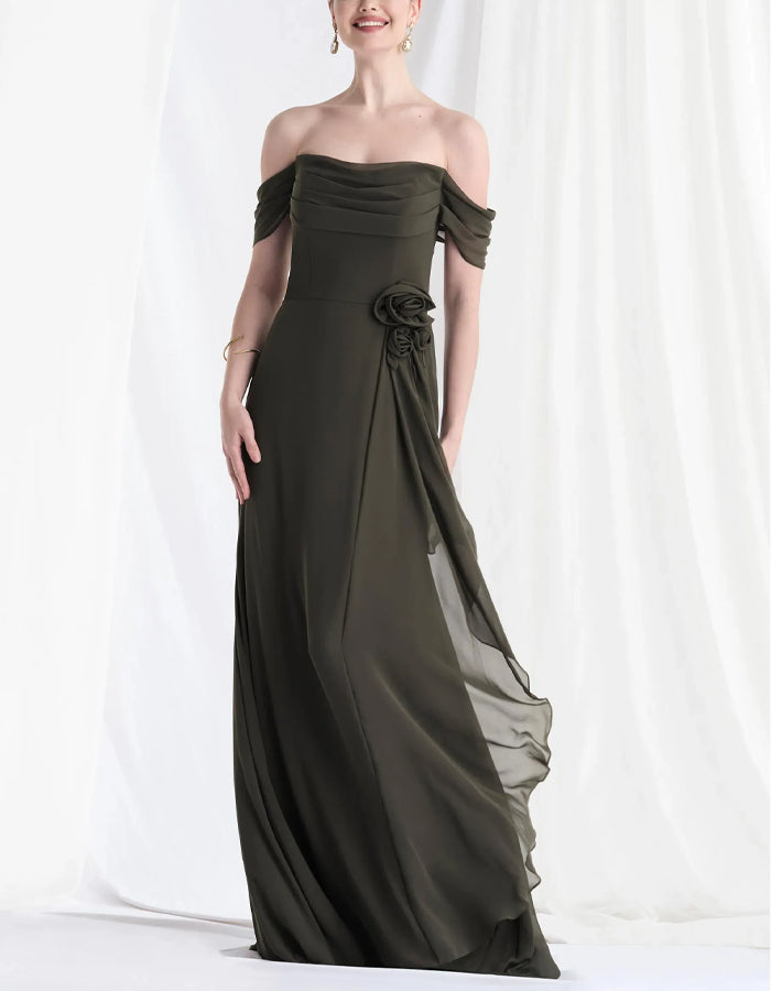 Hunter Green Chiffon Off Shoulder 3D Floral  Maxi Dress