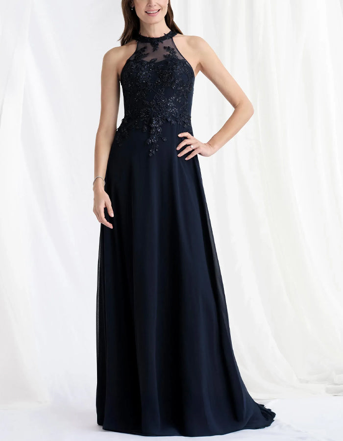 Navy Blue Chiffon Halter Neck Lace Maxi Dress